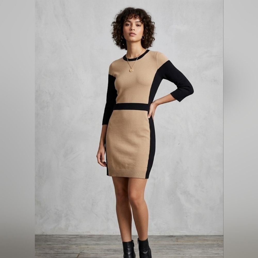 Michael Kors Colorblock Knit Sheath Dress Tan Black 3/4 Sleeve Size M